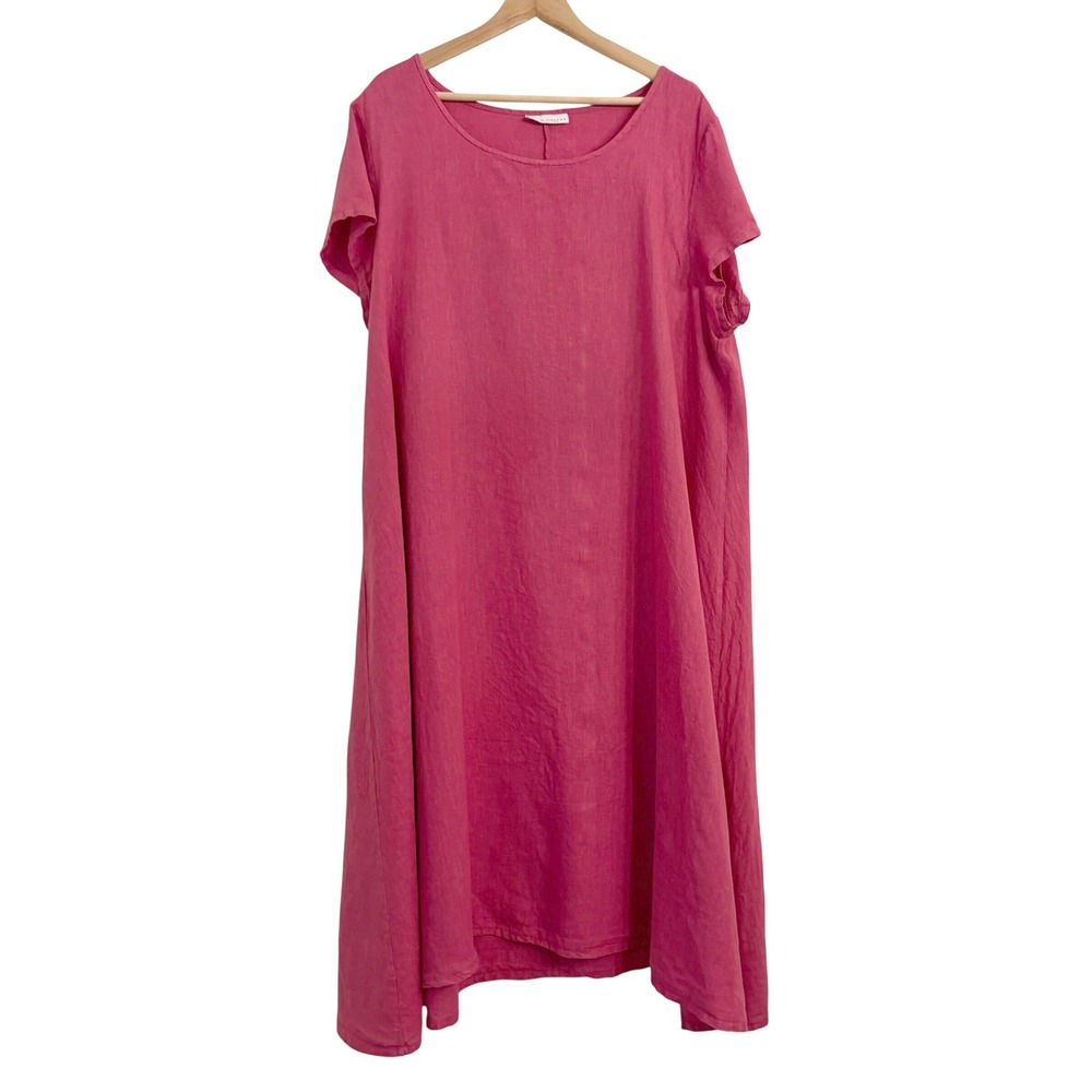 Bryn Walker Linen Midi Swing Dress XL Lagenlook Short Sleeve Raspberry Pink